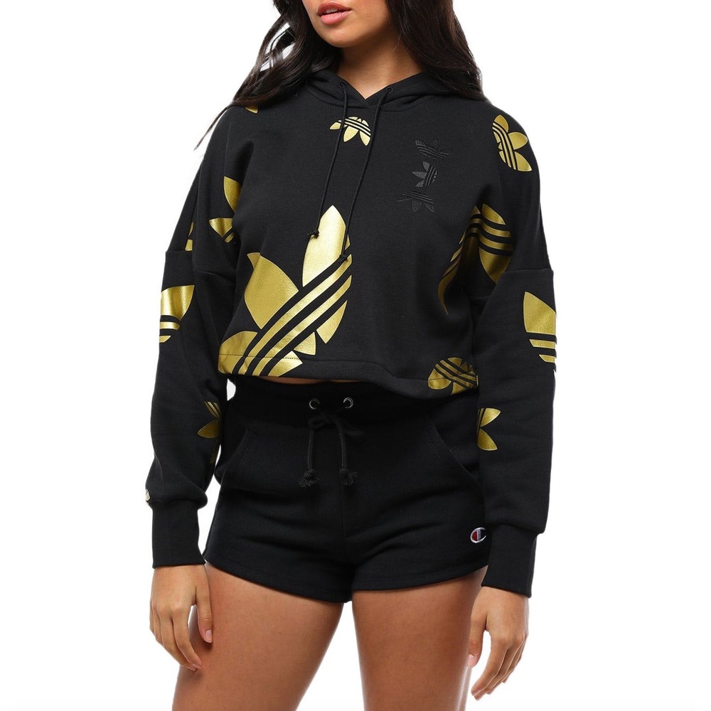 Adidas Originals Womens Medium Black Gold Metallic Trefoil Cropped Hoodie
